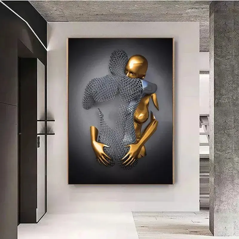 Póster de estatua de amor moderno, cuadro de pared impreso, figura de Metal nórdico, escultura, cuadro sobre lienzo para pared para dormitorio, decoración del hogar