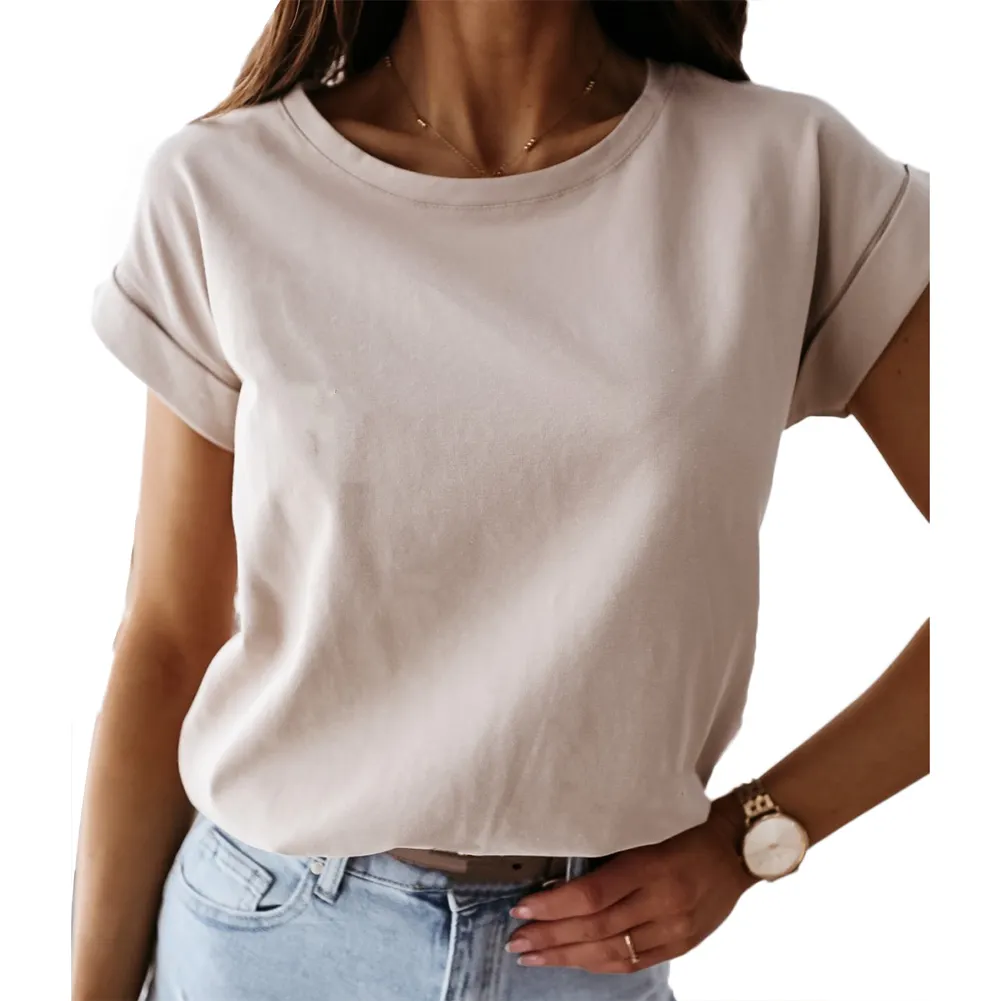 Camiseta informal de moda para mujer, camisetas de algodón personalizadas lisas en blanco, Camiseta básica lisa con cuello redondo