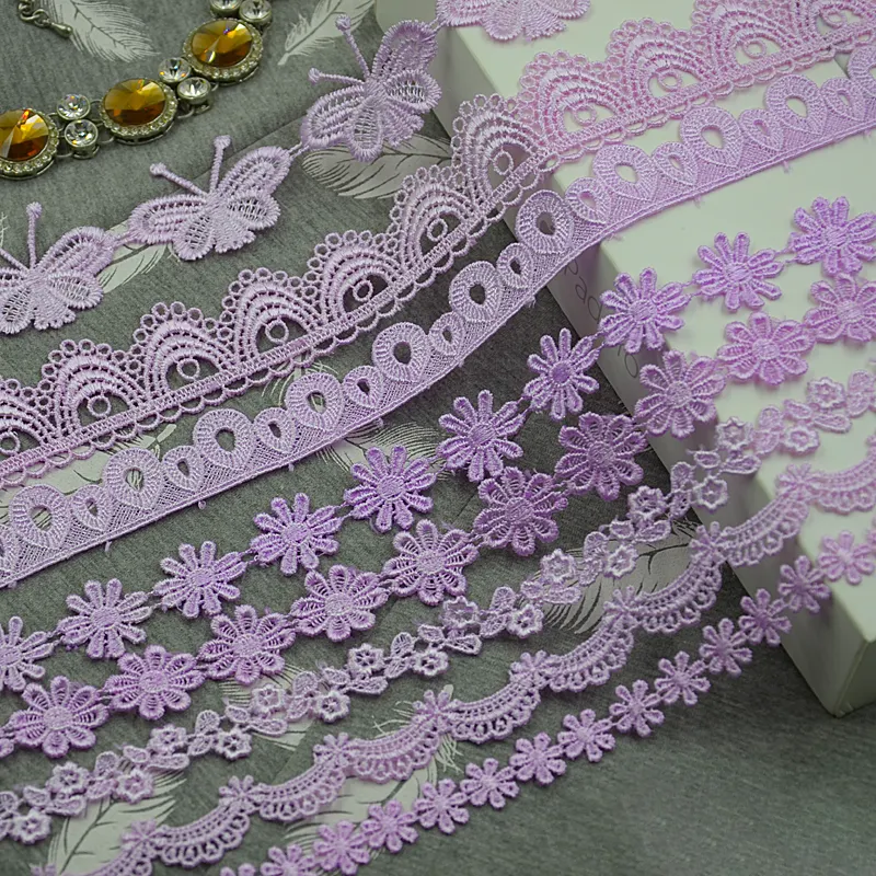 Cinta de encaje púrpura para vestido, cinta de encaje con diseño bordado de flores, venta al por mayor