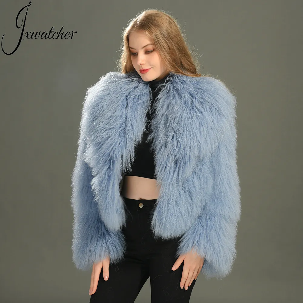 Vente en gros de mode veste en fourrure véritable personnalisée, chaude et épaisse, recadrée, hiver, manteaux de fourrure russe d'agneau de Mongolie naturel de luxe pour femmes