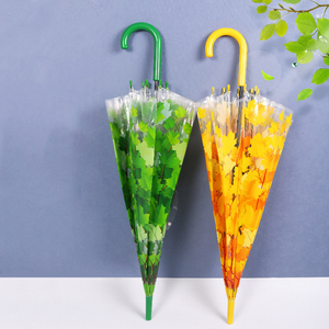 秋季风格枫叶图案半自动8k肋骨透明透明塑料手柄成人雨伞 - Product Image 4