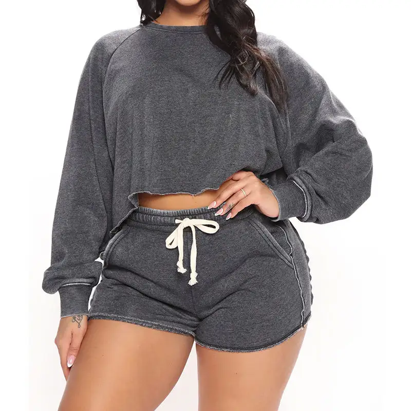 Vente en gros de sweat-shirt de créateur sweat à capuche short à cordon ensemble deux pièces pull à ourlet brut uni pour femmes