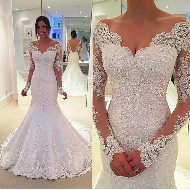 Sereia luxuosa decote em v lantejoulas cor branca brasileira manga comprida renda vestidos de casamento