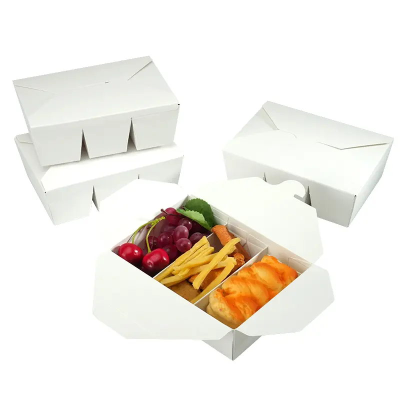 O papel branco do compartimento 3 descartáveis biodegradáveis amigáveis Eco Takeaway feito sob encomenda Frango frito batatas fritas lancheira