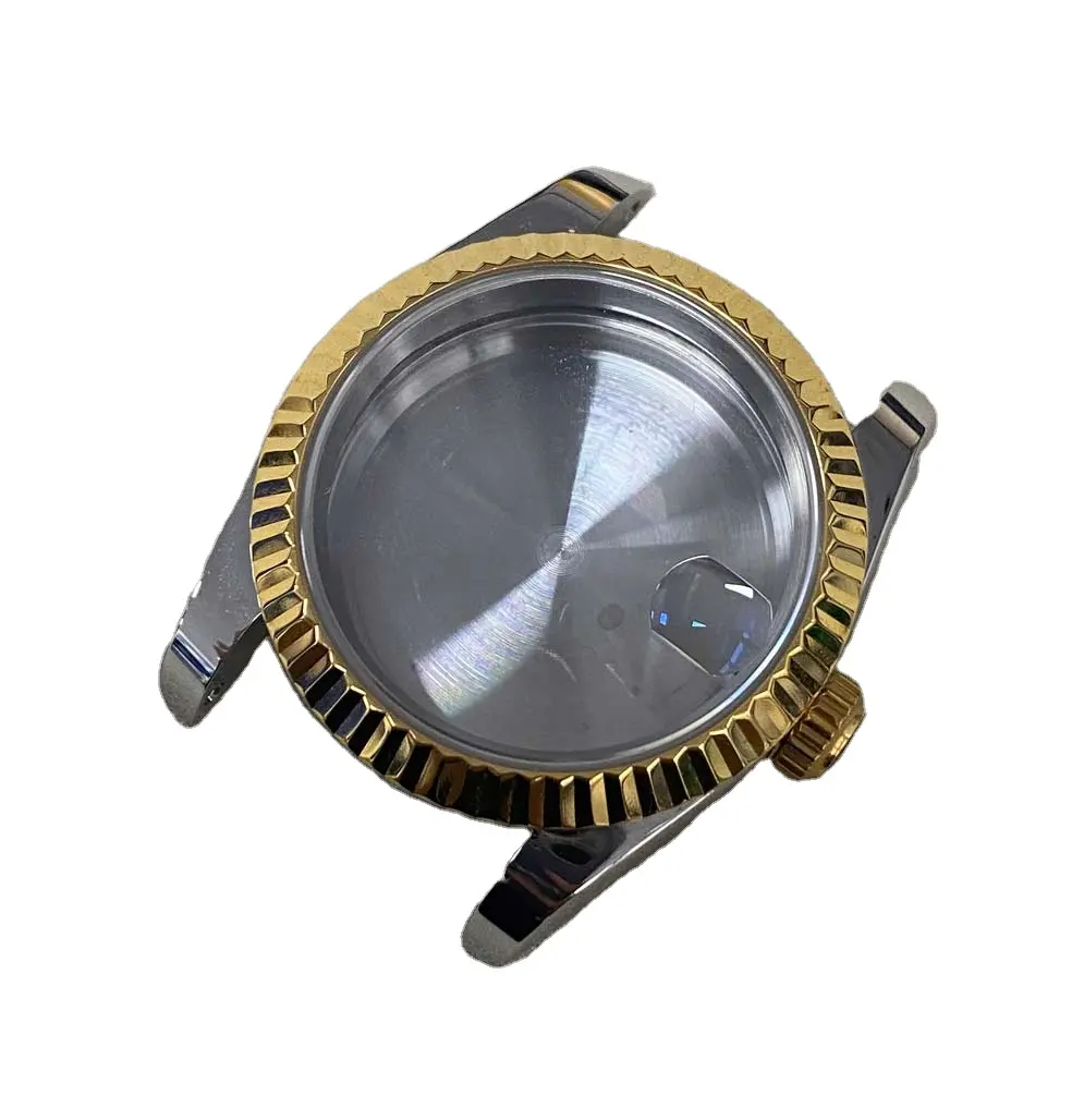 Accesorios para reloj, PVD, anillo de dientes dorado, acero, cinco bandas de luz, media, fondo apretado, NH35/36, funda para reloj