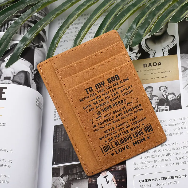 Custom Print Embossed Men Genuine Leather Brown Engraved Leather Creit Card Holder Gift Front Pocket Wallet
