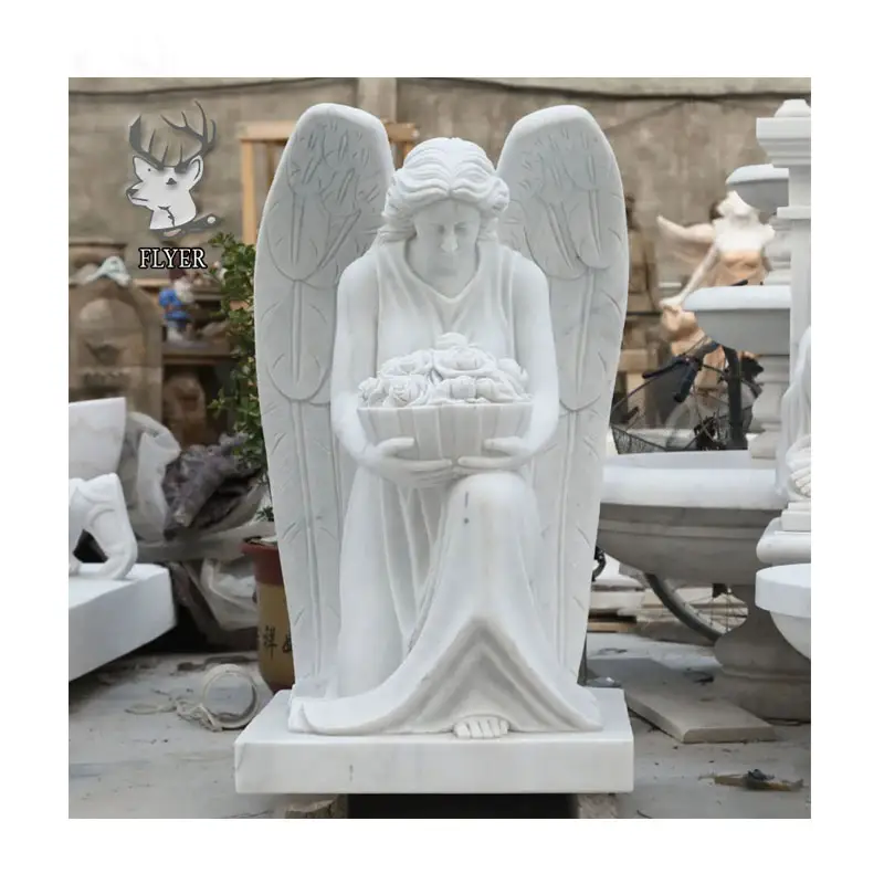 Modern Outdoor Decoration Large Size Marble Angel with Wings Hand Carved Polished White Kneeling Angel Marble Statue