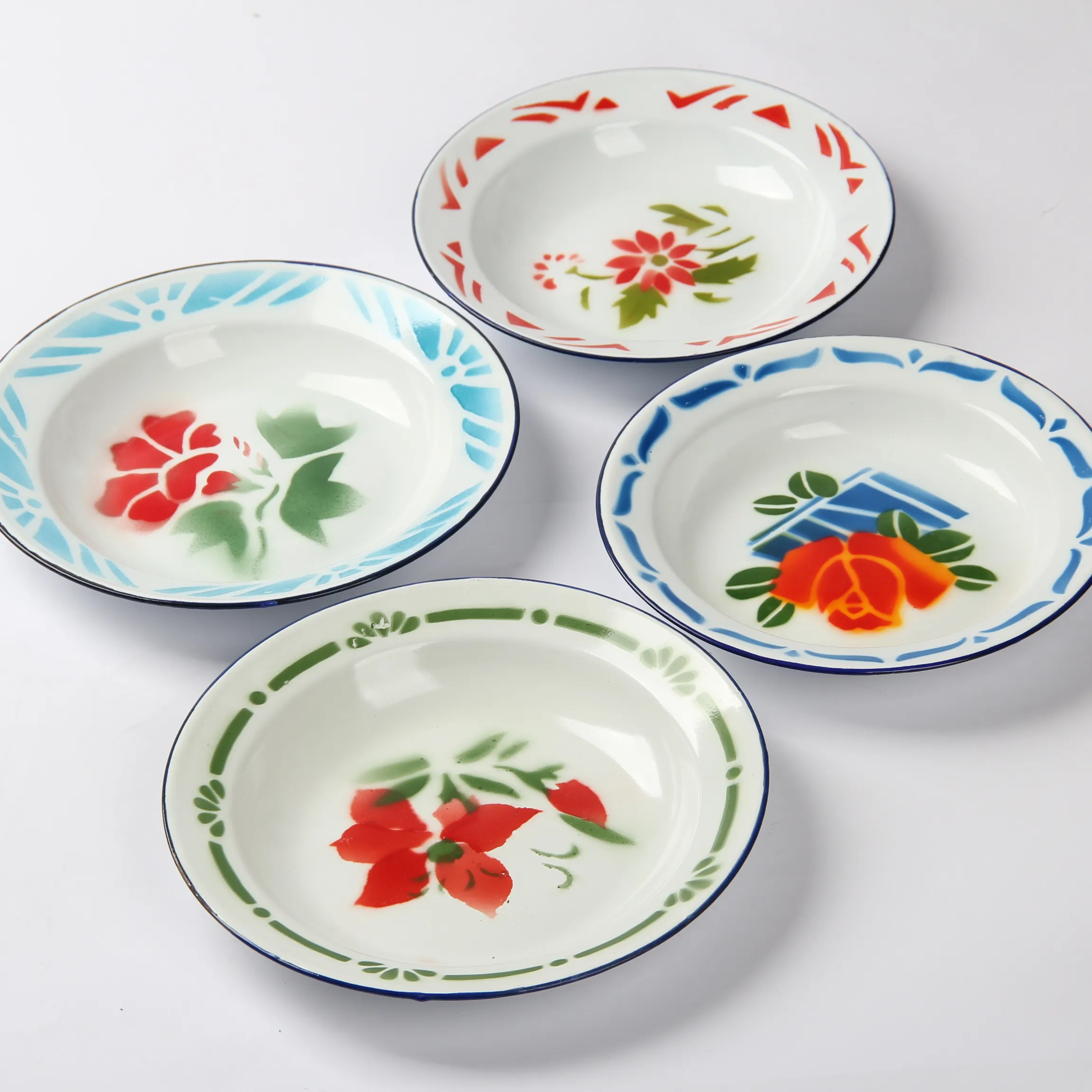 enamel deco flower soup bowls and plates 14-26cm