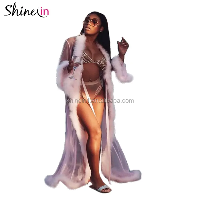 Popular Lace Sleeve Sleepwear Fur Lingerie Nightdress Transparent Sexy Long Gown Fur Lingerie Robe