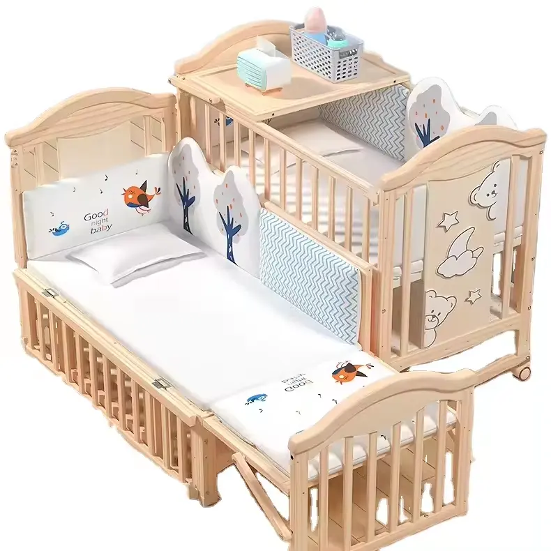 New Baby Cribs Natural Unpainted Solid Pine Wood Baby Bed