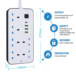 批发英国电气多扩展插座6插座USB Type-C延长线2500W英国插头扩展电源线 - Product Image 2