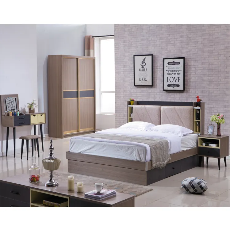 सरल डिजाइन पु चमड़े चारपाई की अगली पीठ भंडारण बिस्तर बेडसाइड टेबल बेडरूम सेट लकड़ी घर के फर्नीचर
