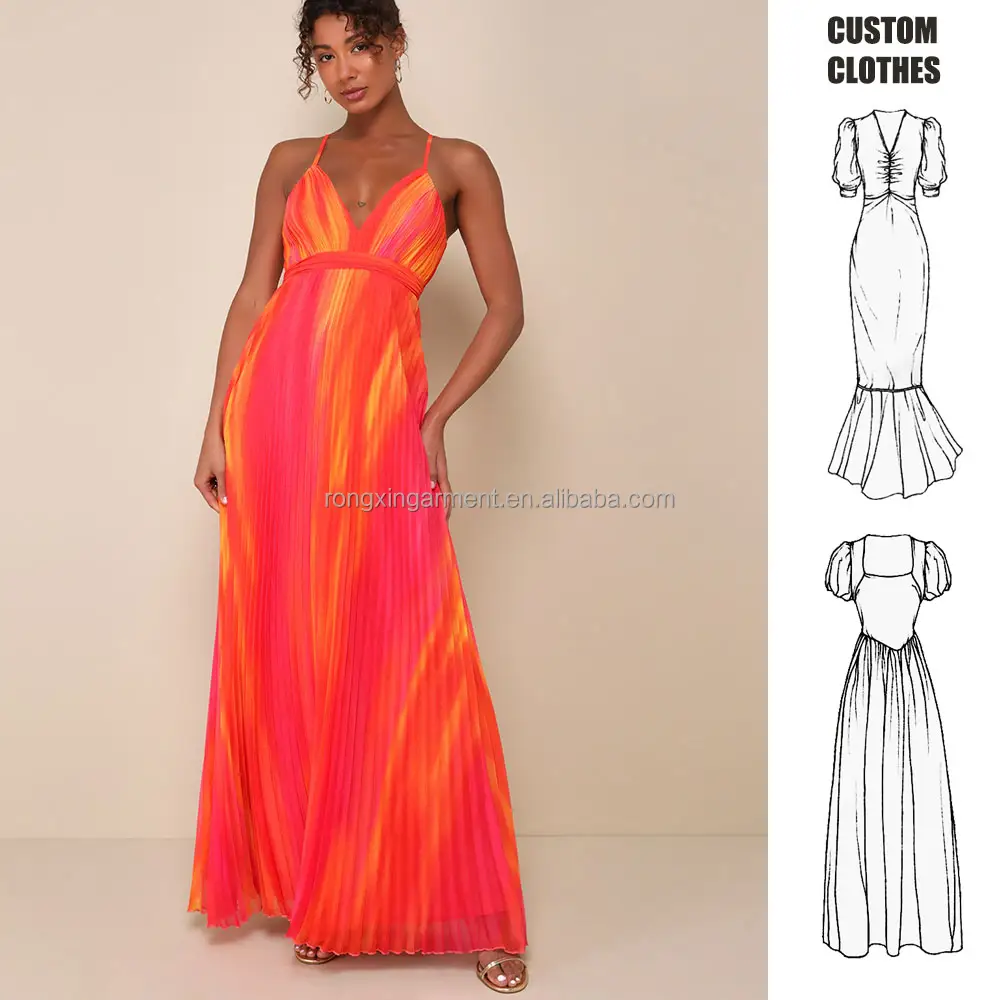 2024 fashion Lovely Boldness Orange Multi Watercolor Pleated suspenders Maxi Casual dress Holiday Banquet Dress Simple Elegant