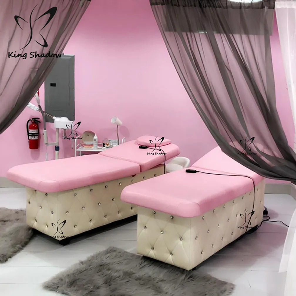 Kingshadow güzellik salonu mobilyası yüz spa sandalyesi lüks pembe elektrikli göz kirpik yatak toptan masaj masaları