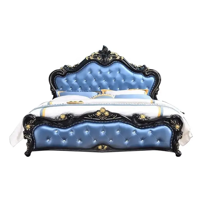 Cama principal de cuero europeo cama doble de madera maciza de lujo cama princesa tallada de 1,8 m