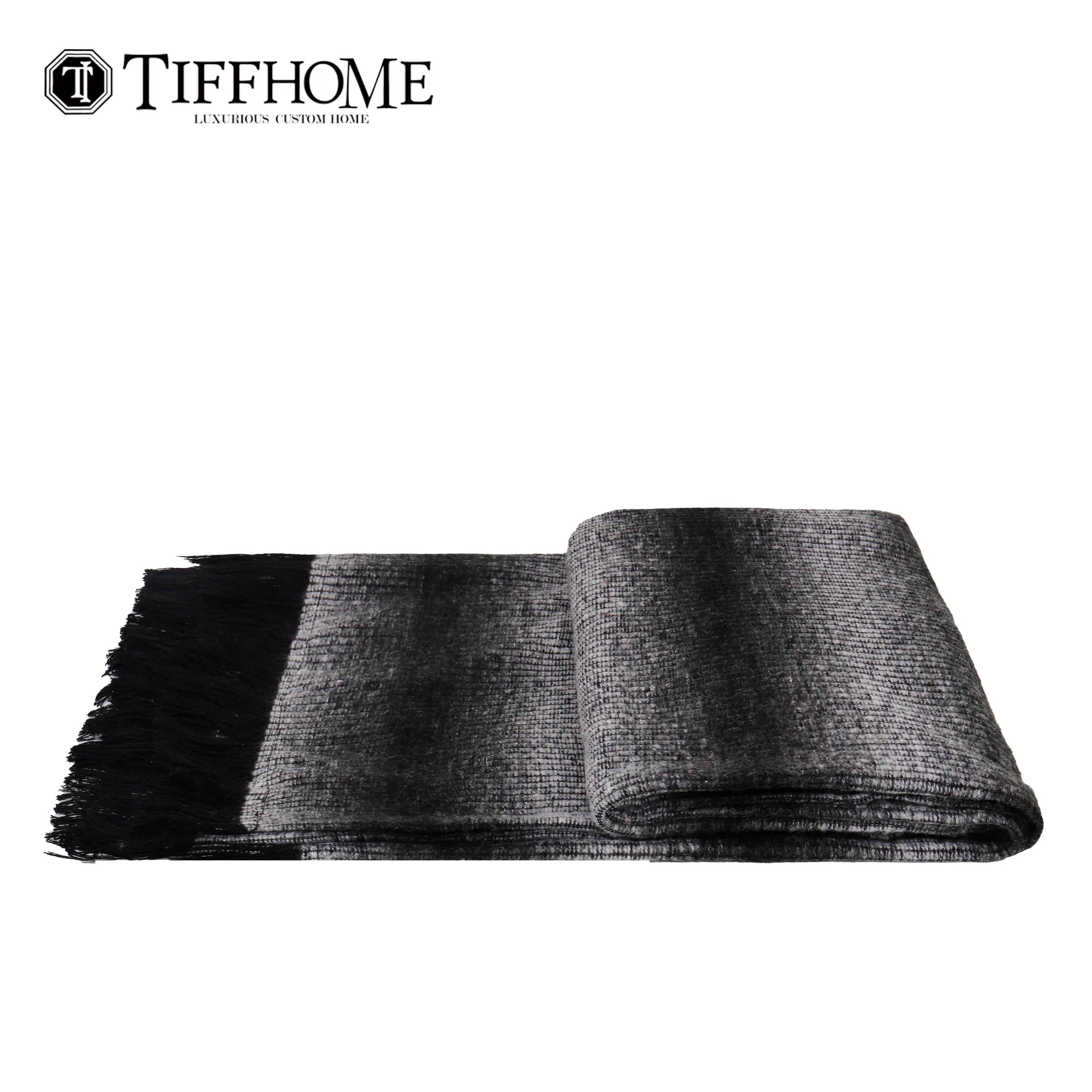 Tiff Home Wholesale Customization 240*70cm Black Cotton Linen Tassels Throw Blanket For Bed Sofa