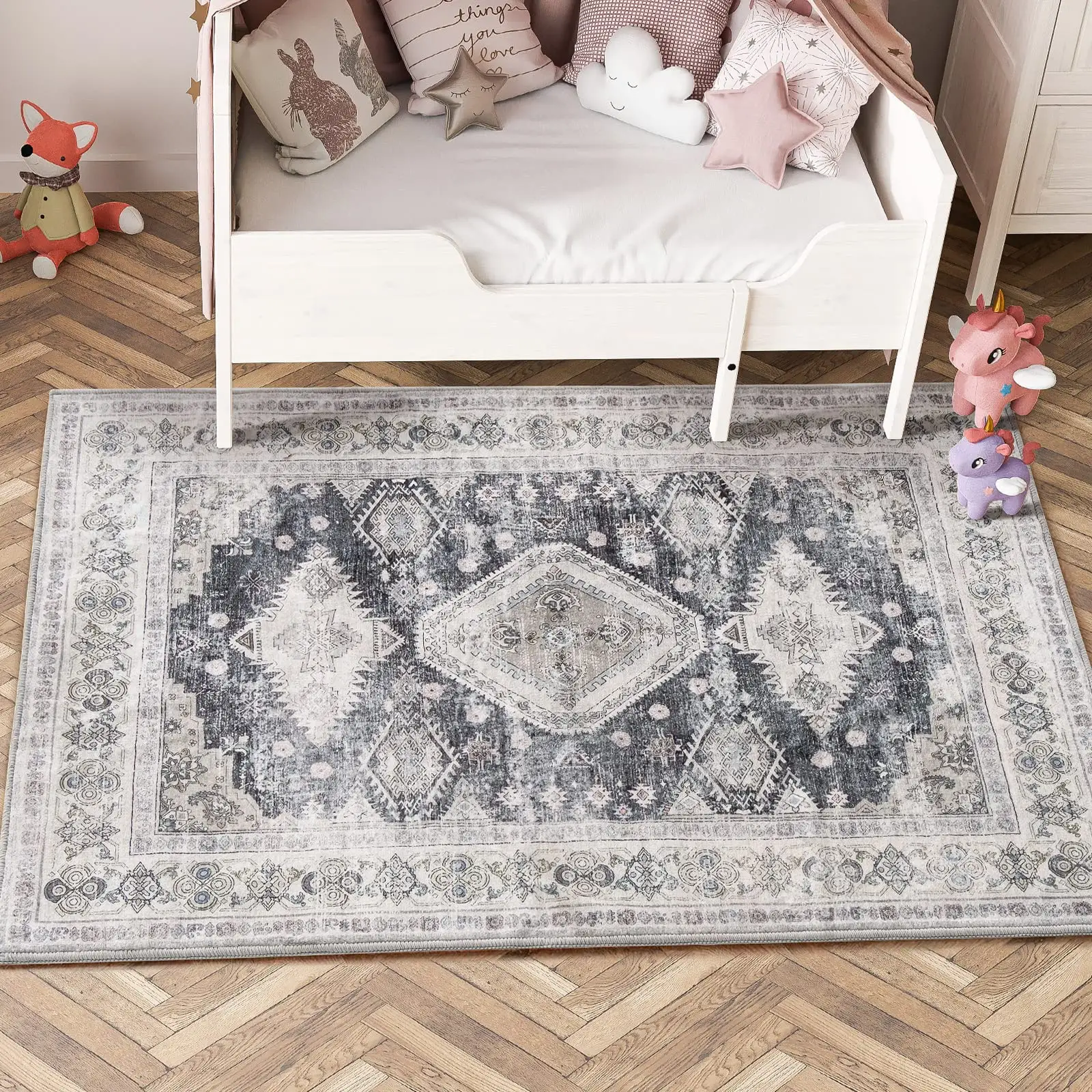 Kaymaz aztek Vintage fas Boho halı 3x5 yıkanabilir alan kilim gri halı Entryway yatak odası için