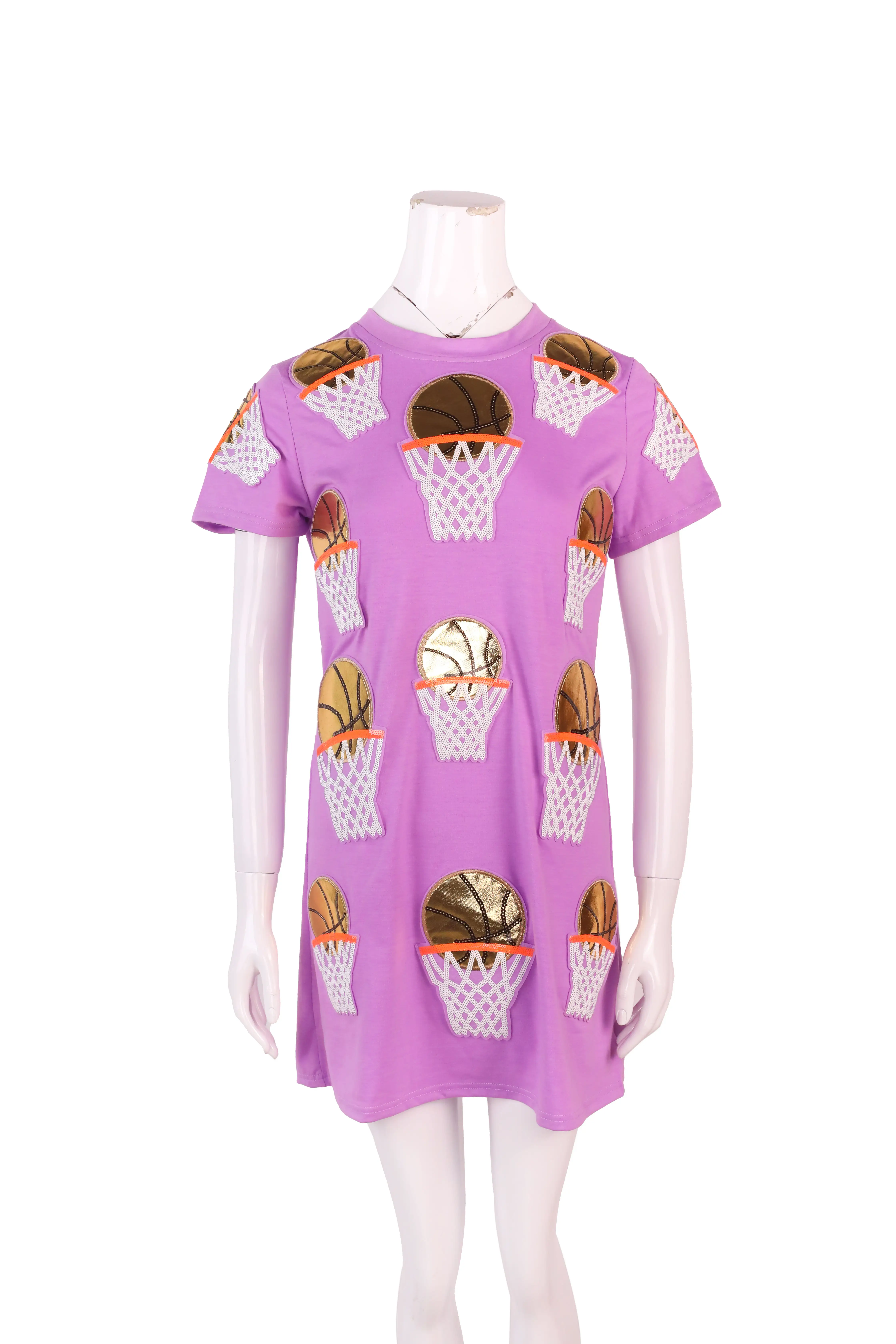 Loveda Wholesale Game Day Sequin Dresses Custom O Neck Short Sleeve Causal Tshirt Dress With Basketball Sequin Patch