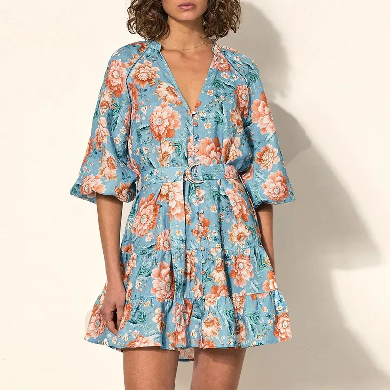 Gran oferta, vestido de lino con estampado Floral y cuello en V, minivestidos de media manga con farol de estilo festivo bohemio con cinturón para mujer