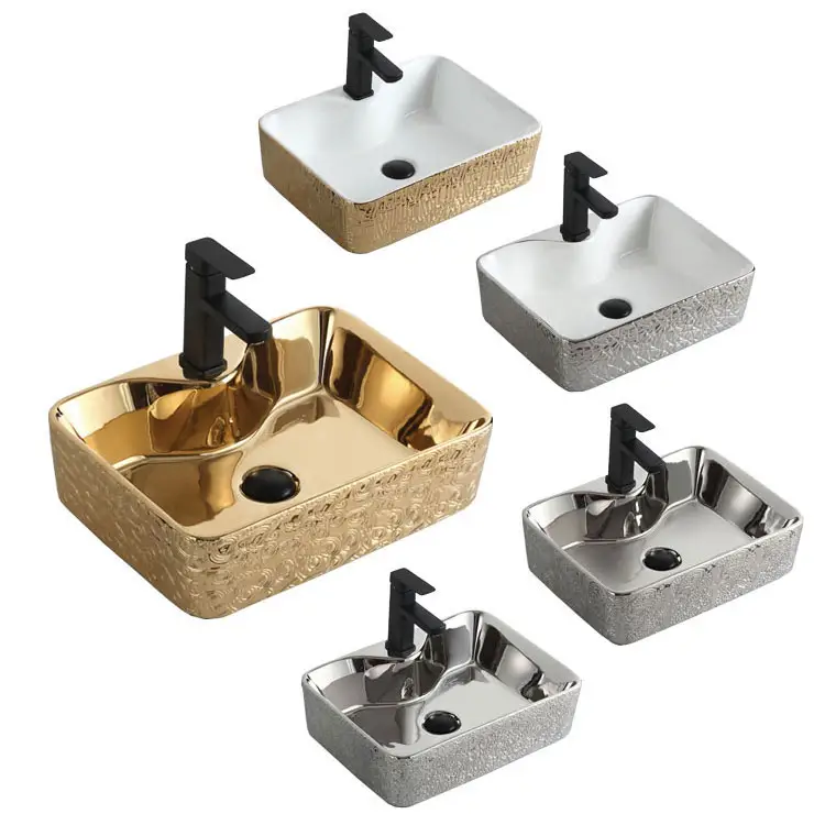 Face Basin Bathroom Sinks Gold Color Designers Washroom Ceramic Luxury Contemporary Embossed Villa Rectangular Sink 10 Sets