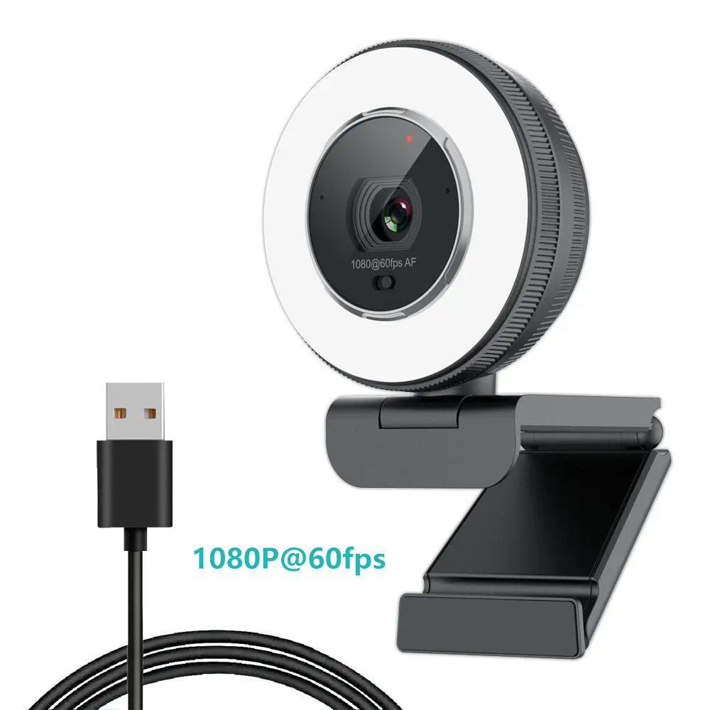 Kamera Web untuk PC dengan lampu cincin, kamera Web USB auto fokus dengan mikrofon dan penutup bawaan 1080P 60FPS