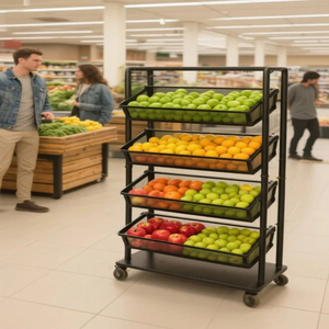Custom Multi-Layer Metal Frutas e Vegetais Rodas Display Rack com Mesh Basket para Supermercado