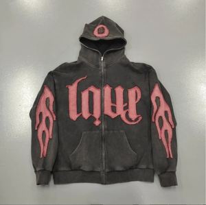 定制2025新品拼接贴花刺绣酸洗拉链连帽衫男士运动衫 - Product Image 1