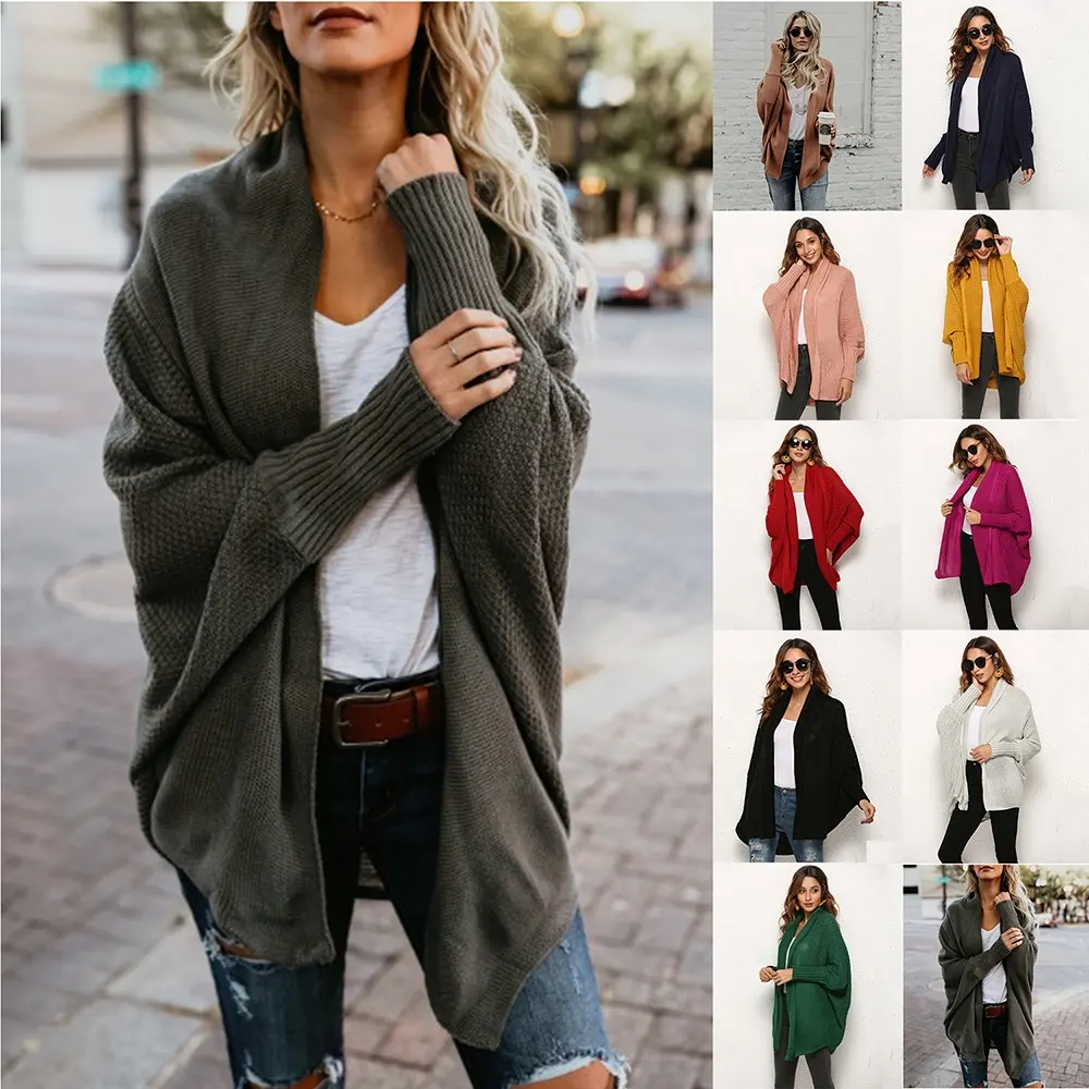 Nova Chegada Colorido Moda Cardigan de Malha de Inverno Mulheres Casaco Cardigan Sweater Batwing Luva Grosso Longo Casaco Camisola das Mulheres