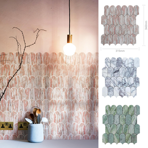 Gül pembe Ming yeşil mermer mozaik çini balık pulu mozaik mutfak Backsplash banyo çini Fan şekli cilalı mermer Modern 7mm