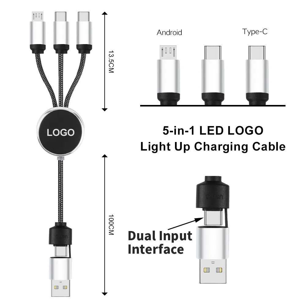 Promotional Gifts Custom Glow Multi Phone Charger Nylon Universal USB 3 in 1 LED Light Up Logo Charging Cable