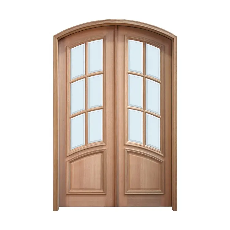 कैसेन हॉट सेल लक्ज़री स्टाइल विला मुख्य प्रवेश द्वार ठोस लकड़ी का दरवाजा महोगनी राउंड आर्क फ्रेंच बाहरी ग्लास लकड़ी का दरवाजा डिजाइन