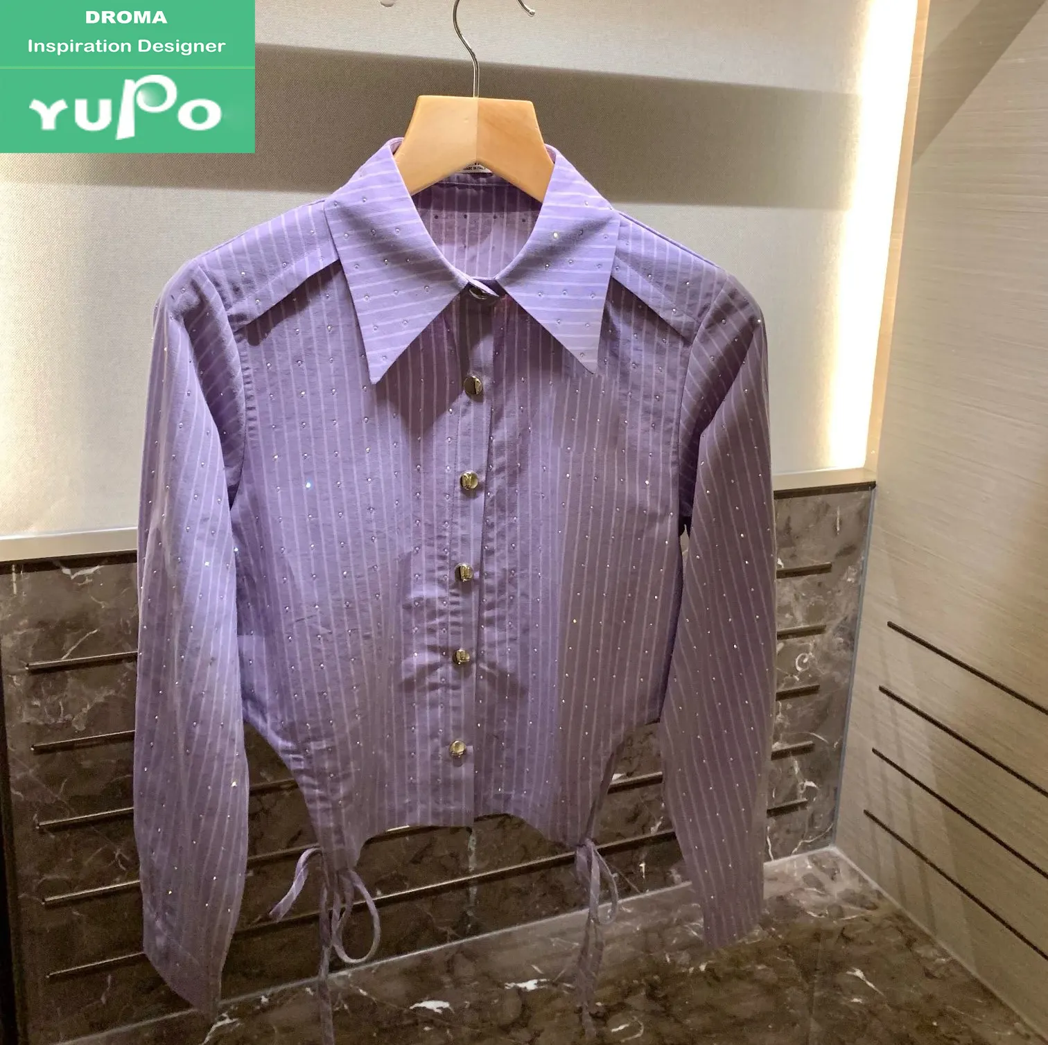 Droma 2024 primavera nuevo diseño de lujo famoso logotipo estampado moda elegante cuello vuelto púrpura blusas y Camisas de mujer