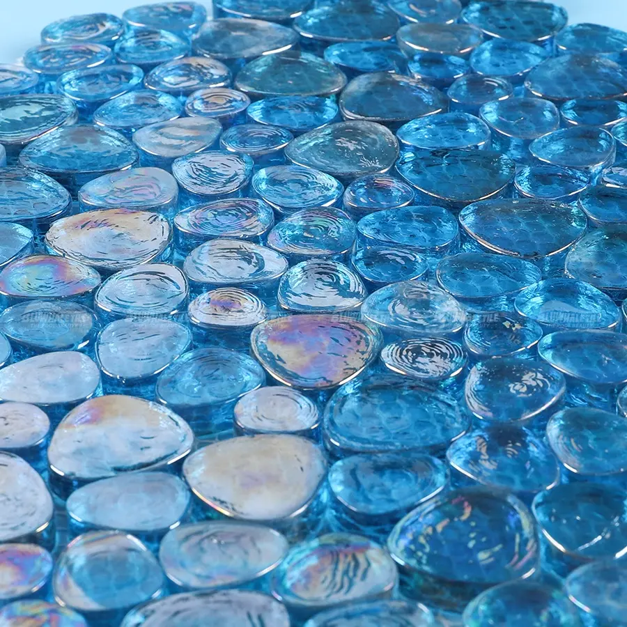 Azulejo de piscina de bolhas de cristal fohu, mosaico iridescente azul claro telha de vidro