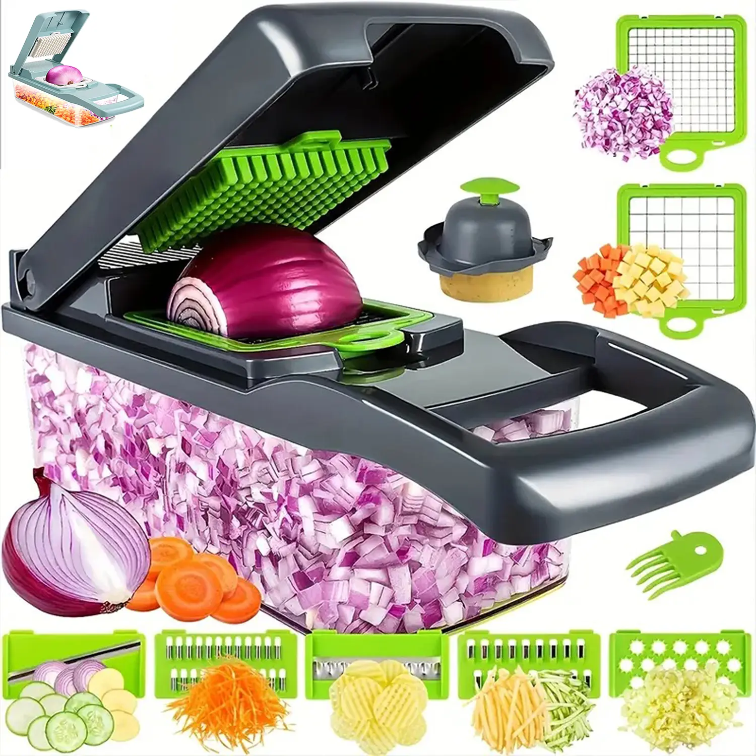 Nhà Máy Bán Buôn Phụ Kiện Nhà Bếp 14 Trong 1 Thực Phẩm Cutter Veggie Hành Tây Chopper Mandoline Slicer Đa Chức Năng Rau Cutter