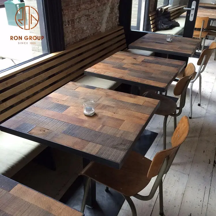 Venta al por mayor de mesas cuadradas de madera maciza con diseño de mosaico y logotipo personalizado Catering Café Bar Restaurante de comida rápida Mesa de madera