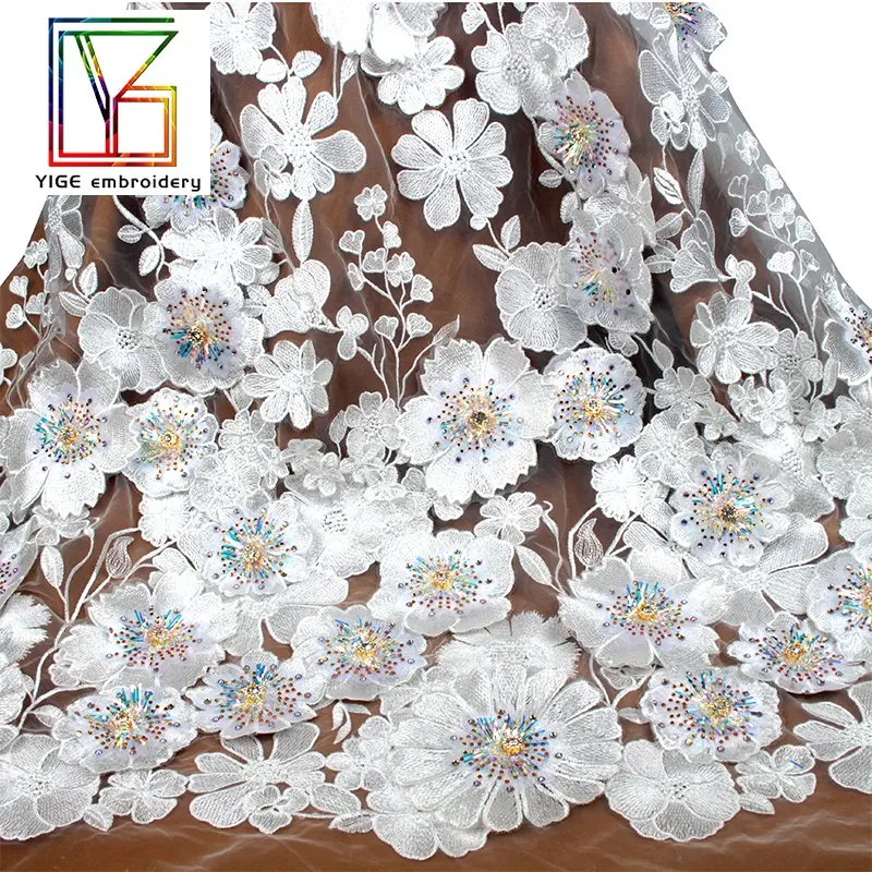 2022 new white big 3d flower Embroidery With shinning diamond french tulle mesh Lace bridal fabric