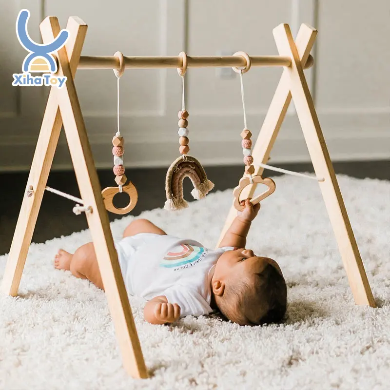 XIHA – cadre de gymnastique Montessori en bois pliable pour bébé, tapis d'activité, avec 3 jouets de dentition pour enfants, chaise longue nordique suspendue