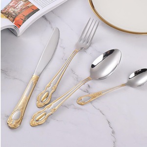 Bán Buôn Tùy Chỉnh 410 Thép Không Gỉ Retro Khắc <span class=keywords><strong>Flatware</strong></span> Set Dao Muỗng Nĩa Vàng Sang Trọng Thiết Lập Dao Kéo Cho Đám Cưới Khách Sạn - Product Image 3