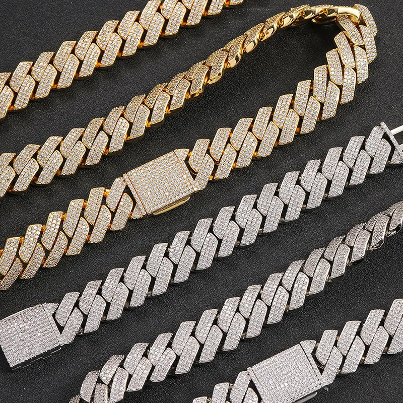 Venta caliente hip hop 20mm cobre chapado en oro tres filas CZ diamante helado Miami cubano enlace cadena pulsera collar