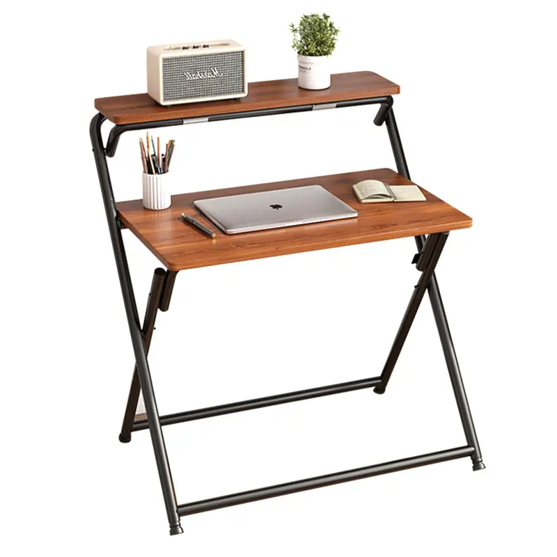Meja lipat kecil tidak perlu perakitan, meja komputer 2-Tier dengan rak, menghemat ruang, Meja lipat untuk ruang kecil