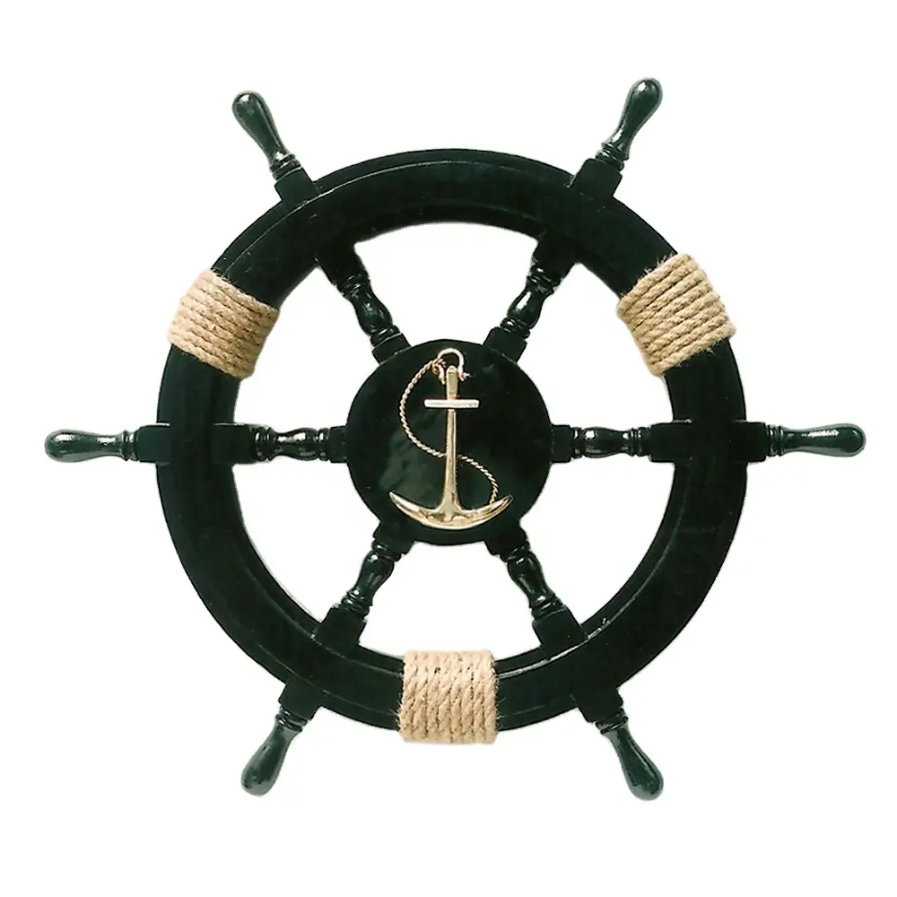 Rueda de barco náutico de alta calidad, accesorio negro con cuerda drapeada, decoración para el hogar, proveedor de fabricación y exportación