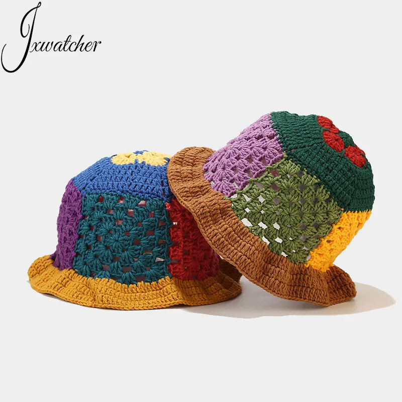 Boné de pescador de borda redonda macio, chapéu de balde de crochê de lã folhada floral personalizado feito à mão, chapéu de flor folgada de verão