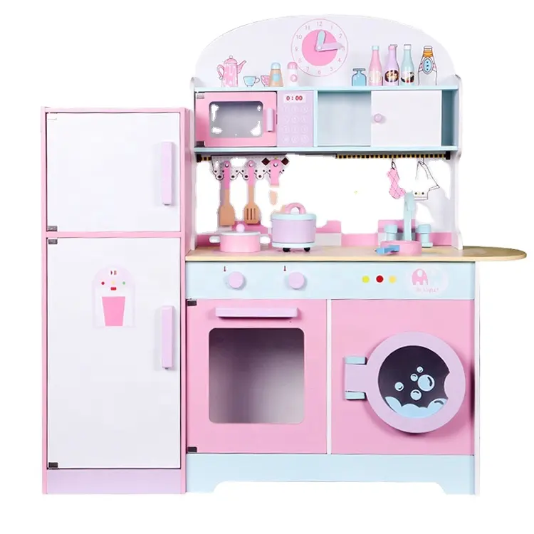 Muebles de cocina modernos para bebé, juego de nevera de madera rosa, juguete de cocina para niños
