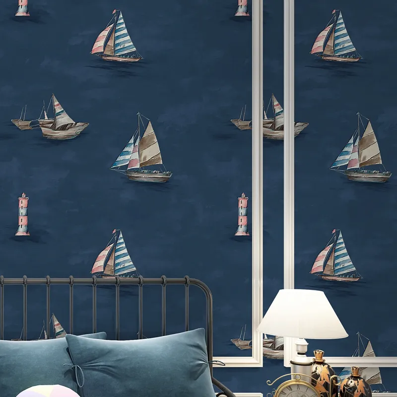 Blu scuro 3d barca a vela bambini carta da parati camera da letto soggiorno hotel stile mediterraneo cartone animato carta da parati in rilievo