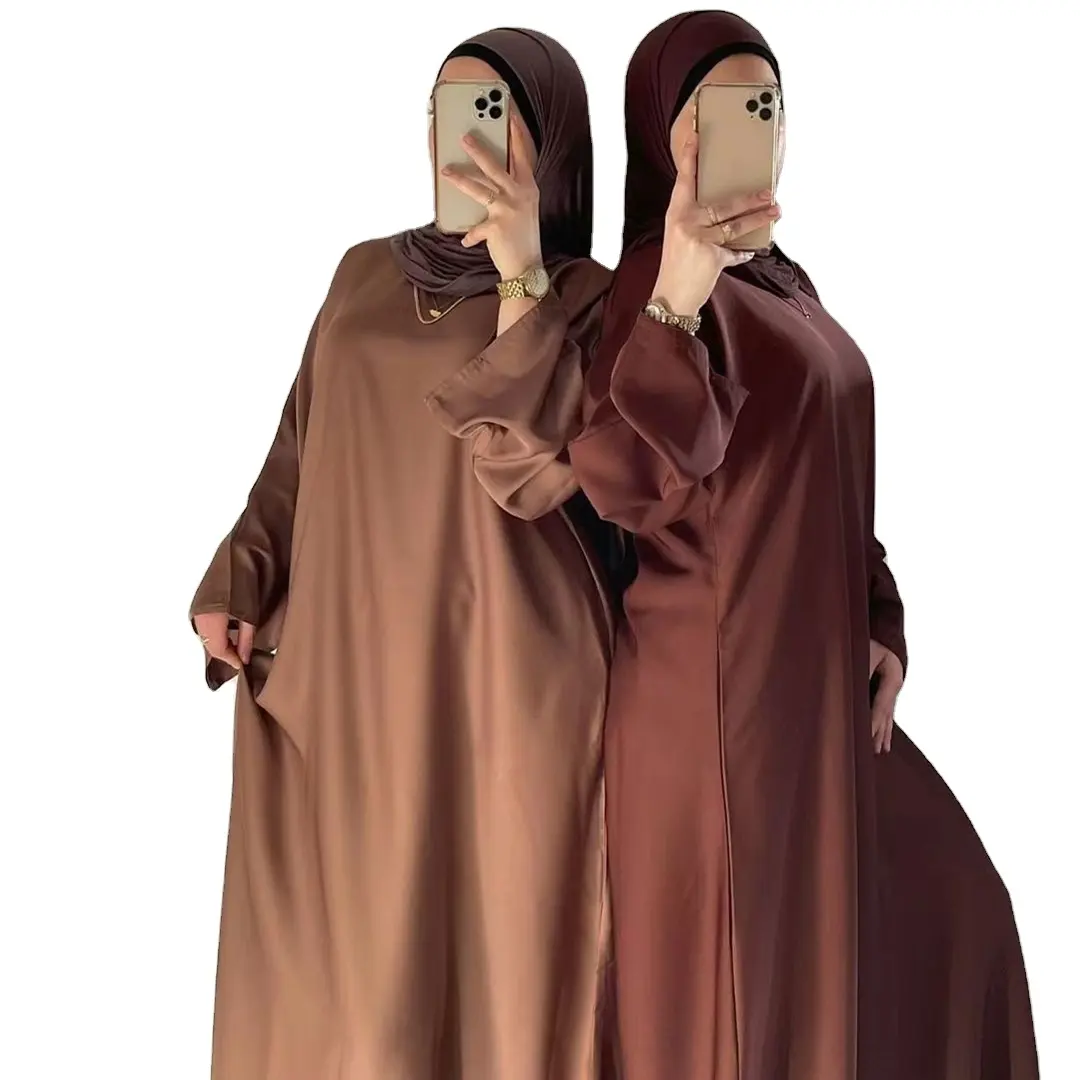 नई फैशन आधुनिक ठोस साटन लंबी आस्तीन मैक्सी पोशाक के लिए दुबई Abaya तुर्की बागे मुस्लिम लंबी गाउन इस्लामी कपड़े महिलाओं