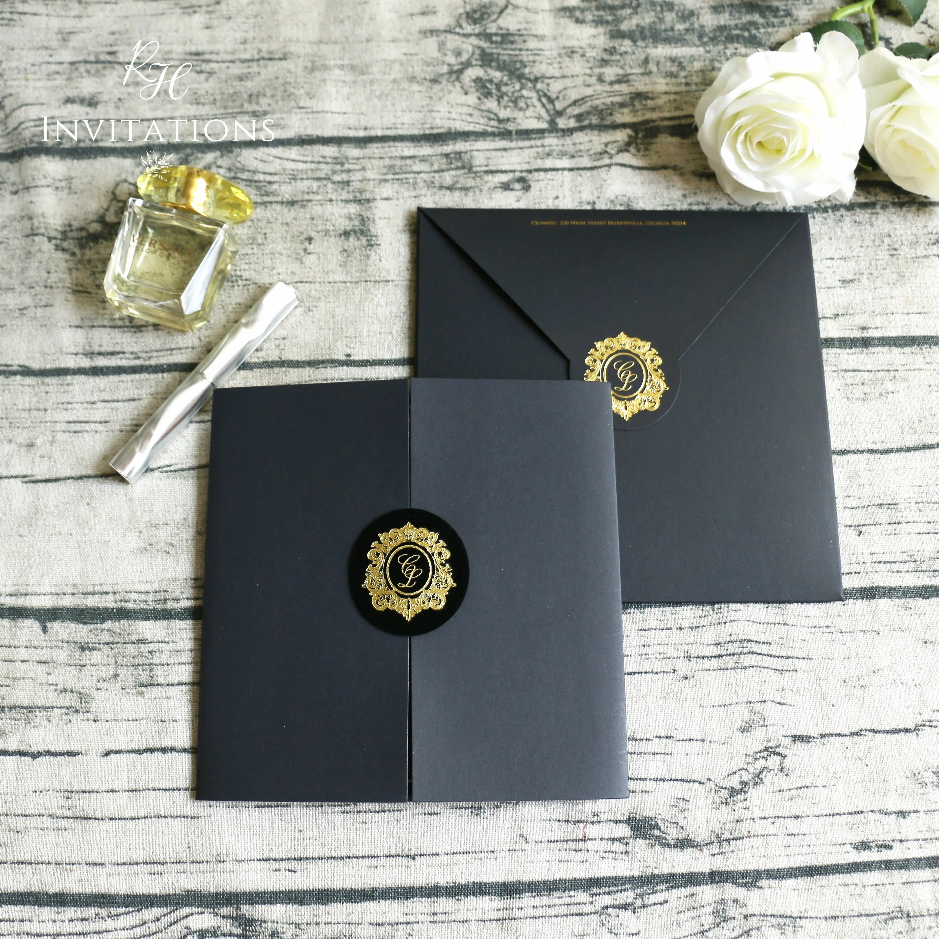 Elegante lussuoso tema oro nero inviti di nozze oro acrilico testo personalizzato carte di nozze personalizzato biglietto di ringraziamento