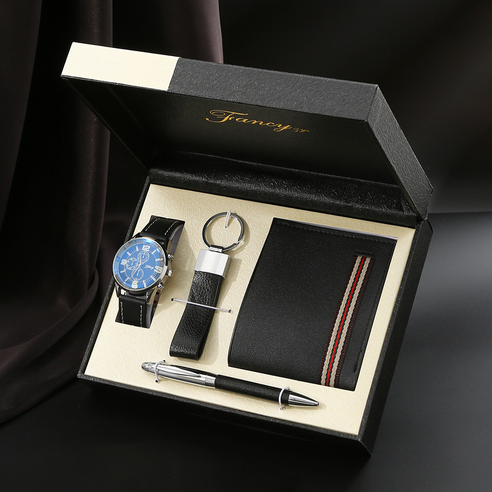 black-5 piece set-watch wallet keychain pen wooden gift box