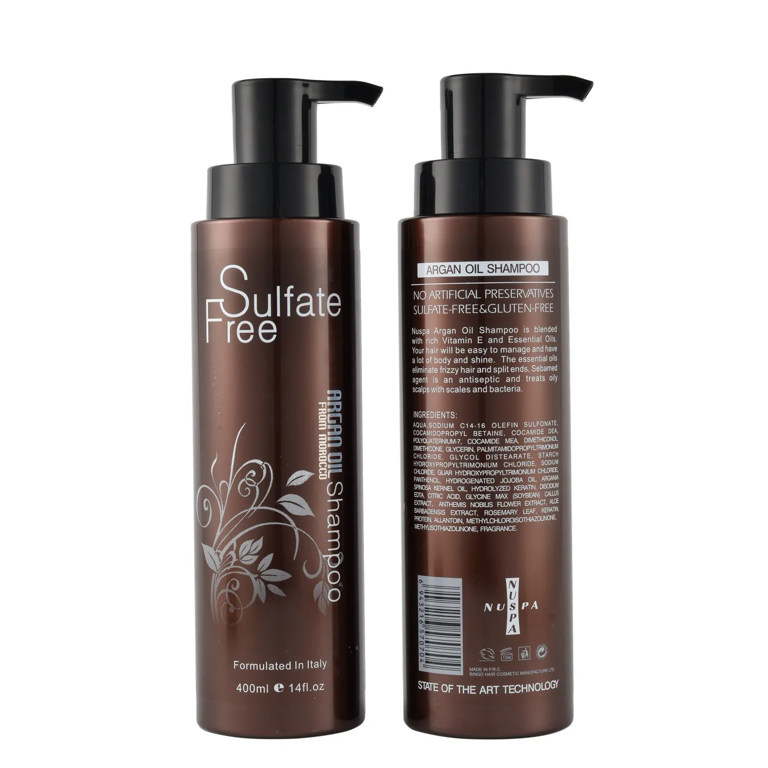 NUSPA sulfato free shampoo óleo de argan cor seguro super umidade formulado em Itália 400ml/1000ml