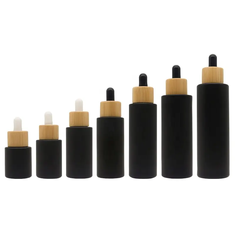 20ml 30ml 40ml 50ml 60ml 80ml 100ml Flat Shoulder Essential Oil matt black Glass Dropper Bottle with Bamboo Wood cap