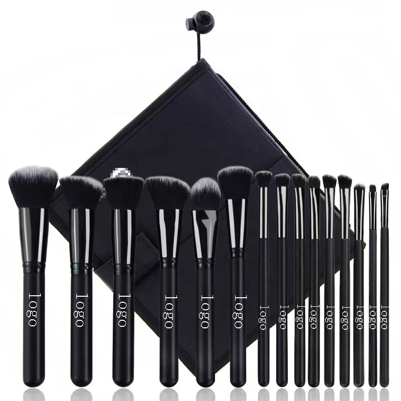 Set di pennelli per trucco di alta qualità Logo personalizzato 15 pezzi pennelli per trucco neri con borsa